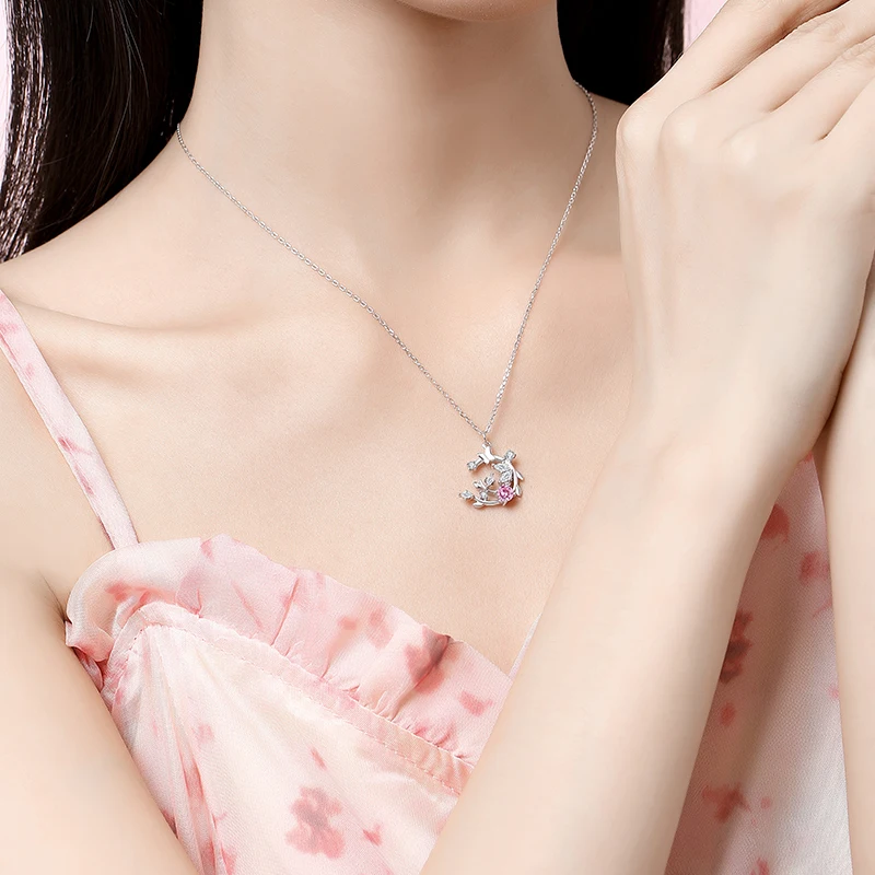 Original Design S925 Sterling Silver Pink Fairy Butterfly Crescent Moon Branch Necklace Female Premium Delicate Jewelry Gift