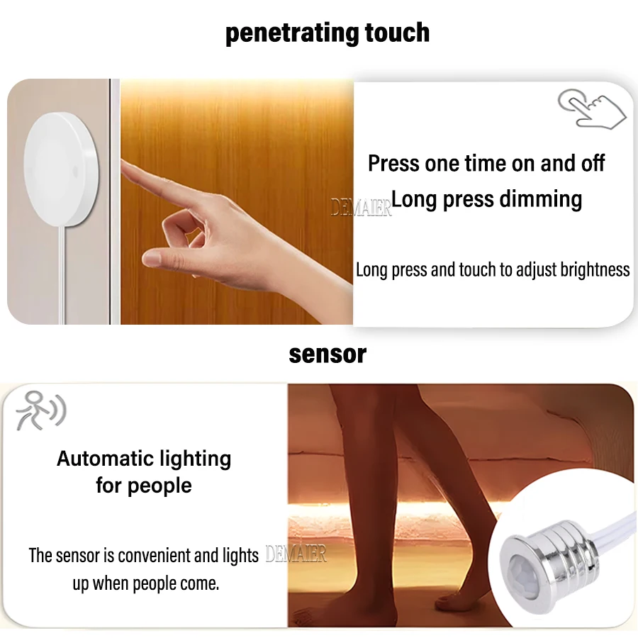 COB LED Strip 220v/110V Kitchen LED Under Cabinet for closet Light Wood Penetrable Touch Switch Motion sensing sensor