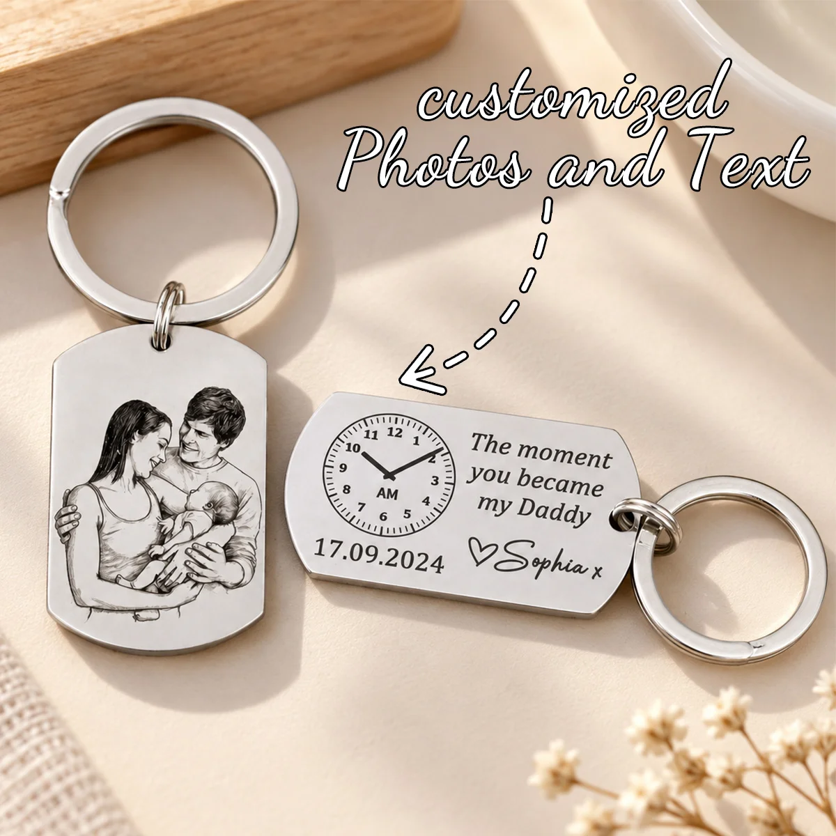 Personalised Photo Keyring The Moment You Became My Daddy Custom New Born Gift for Daddy Mummy Grandma Grandad