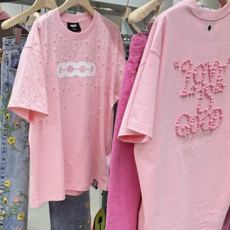 Fashion Street Summer Pink GOODBRAND ALLDAY Tshirts Pearls Embroidered Letters Short Sleeve Men Women Casual Breathable Outfit