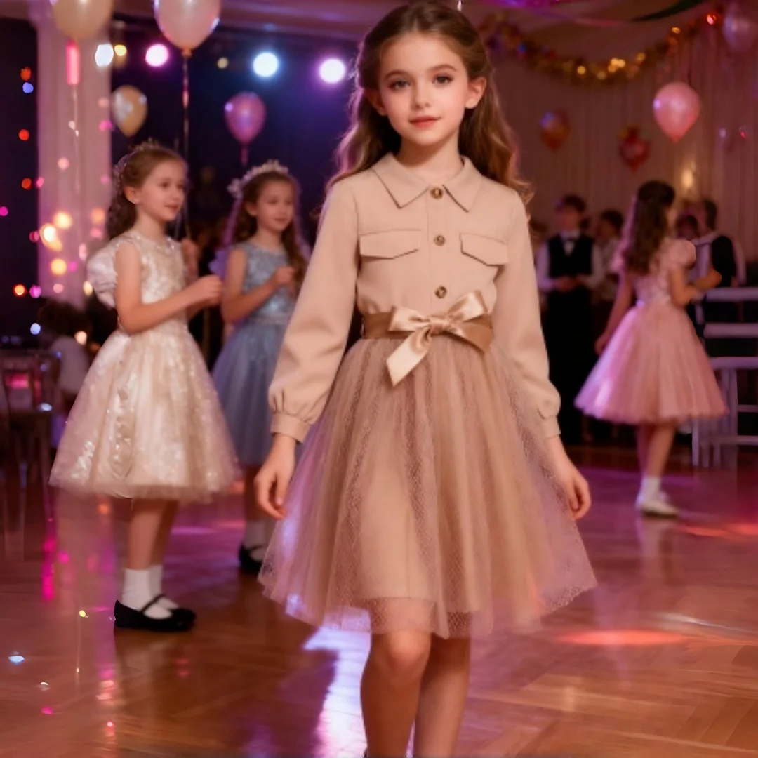 

Young Girl Mesh Dress Long-Sleeve Girls' Tulle Dresses With Belt Elegant Korea Autumn/Fall Outfit Baby Clothing For 4 5 6 7 Y