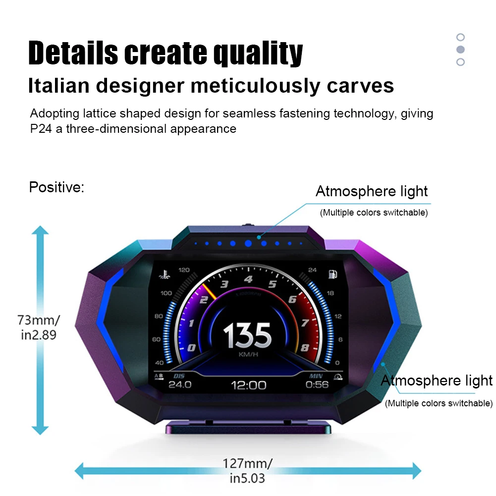 OBD + GPS HUD P24 차량 OBD 헤드 업 디스플레이 HUD 온보드 컴퓨터 디지털 속도계 워터 펌프 연료 소비량 경사 측정기