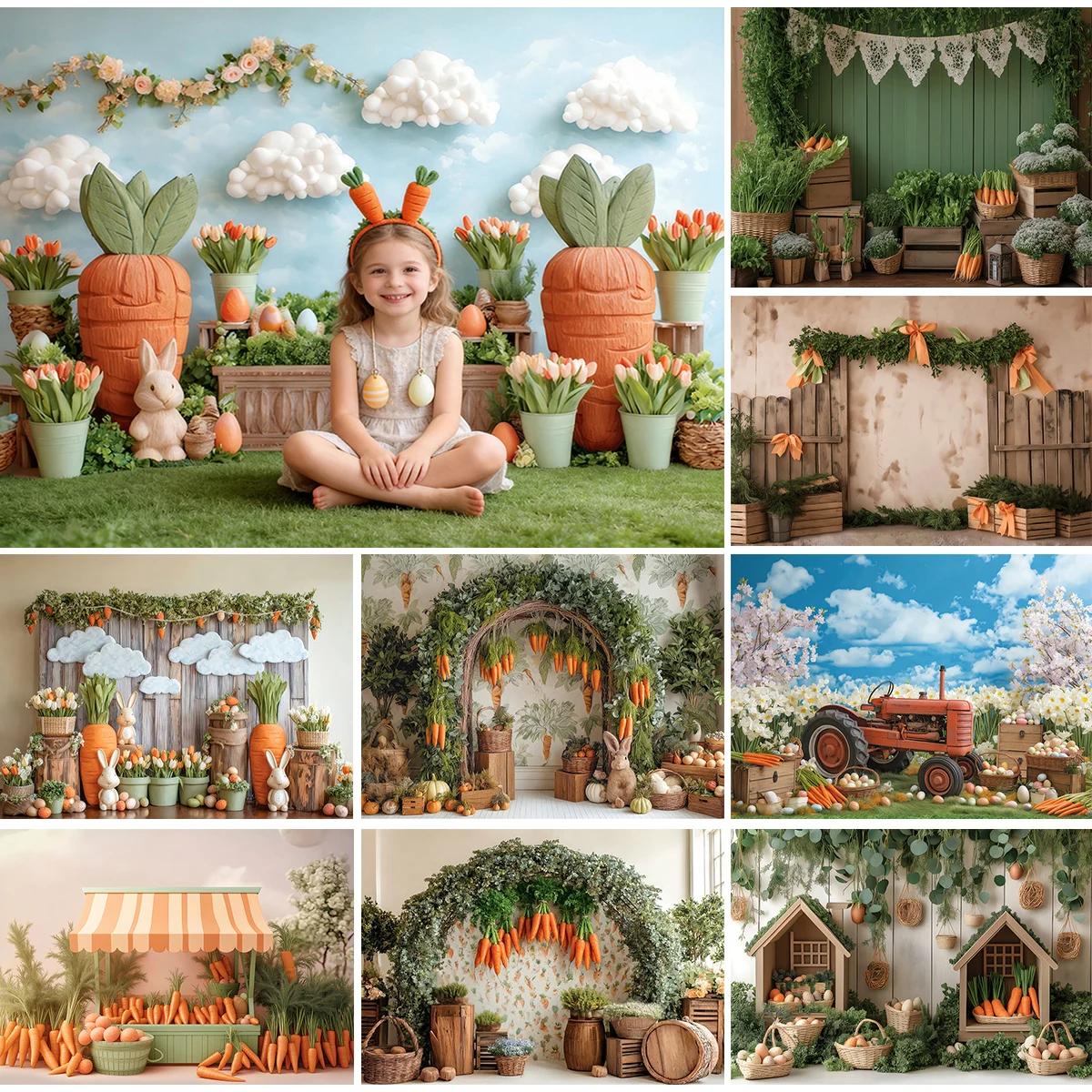 Easter Carrot Rabbit Greenery Floral Vintage Wooden Tractor Photography Backdrop For Kids Baby Newborn Children Portrait Photo