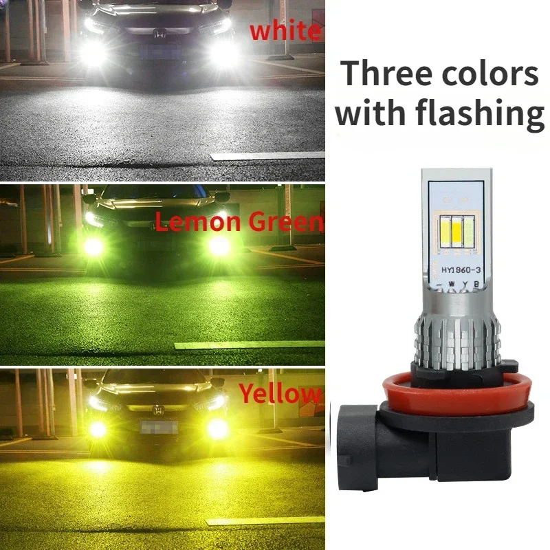 Car LED Flash Fog Light Super Bright H3 H8h11 9006 Three-Color Front Fog Lamp Bulb White Yellow Green Pink Blue Front Fog Lamp