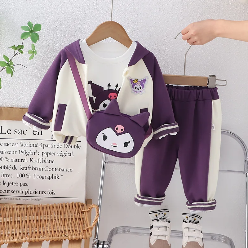 4pcs Spring Children Kuromi Kawaii Sanrio Anime Shirt Pants Coat Bag Set Cute Cartoon Three Piece Set Clothing Gifts for Kids