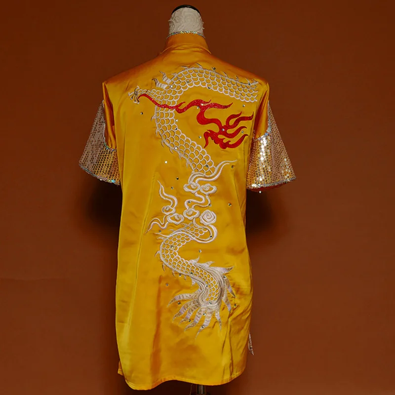 Martial Arts Uniform Changquan Kung Fu Practice Suit Men Women Routine Competition Embroidered Golden Yellow Dragon Tail Custom