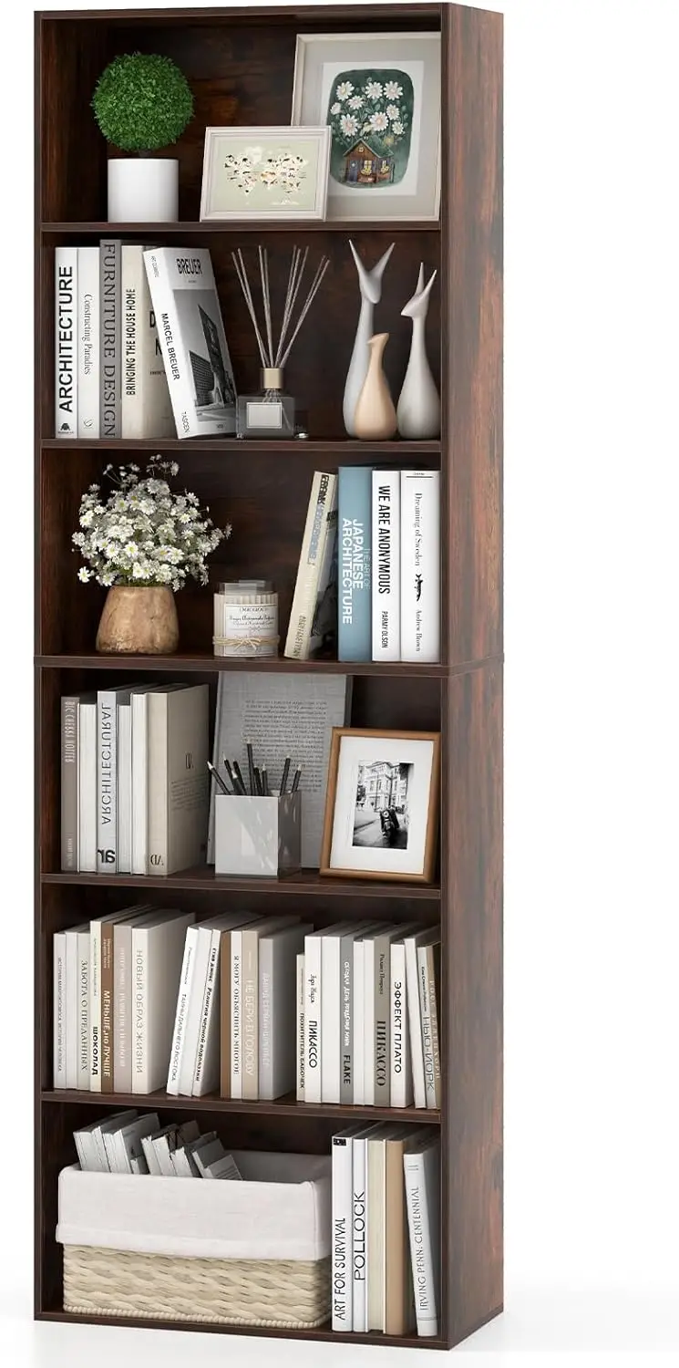 

6-Tier Bookcase, 70"" Tall Wooden Bookshelf, Freestanding Storage Organizer W/Open Shelves, Anti-Tipping Kits, Modern Floor