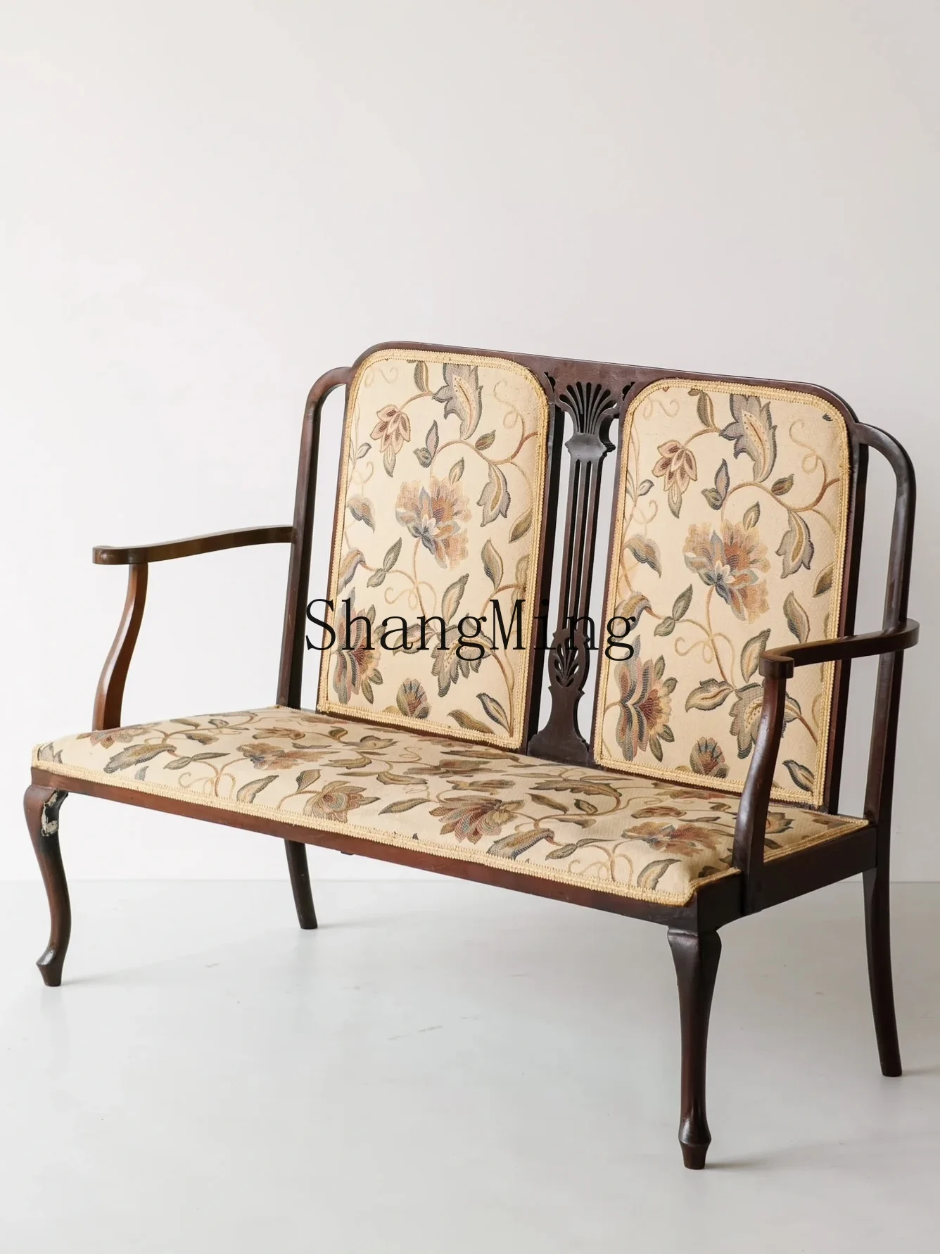 

SM printed sofa leisure chair double trio solid wood carving flower retro classic