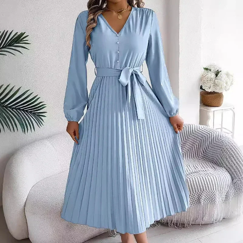 Women's Long Dresses Autumn Elegant Pleated Long Sleeveed Lace Up Dresses Beach Boho Wrap Ruffle Hem Big Swing Long Sundress