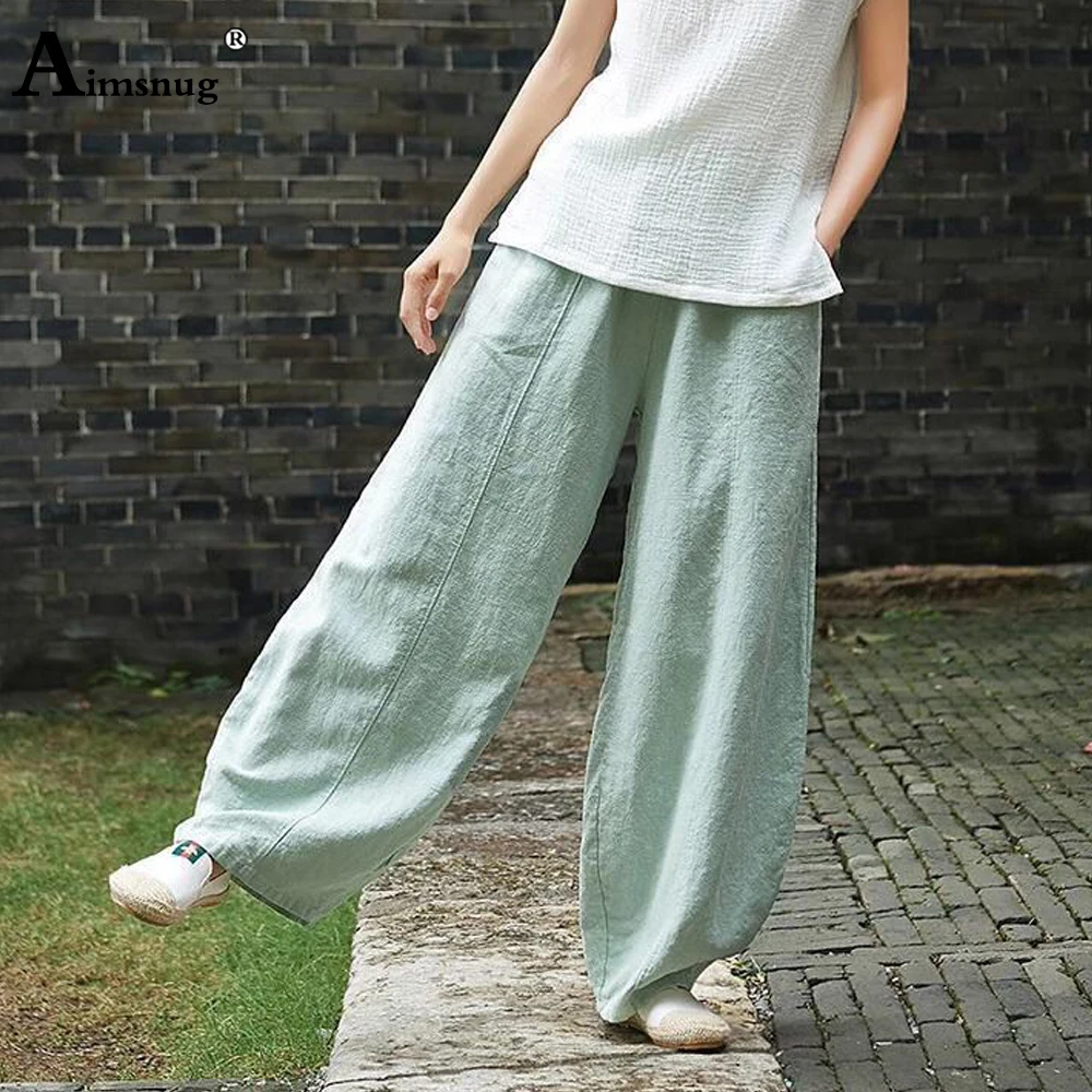 Cotton Linen Bloomers Wide Leg Pants  Large Big 5XLWomen Vintage Full Length Fashion Elegent Pants Solid Elasitic Waist Trousers