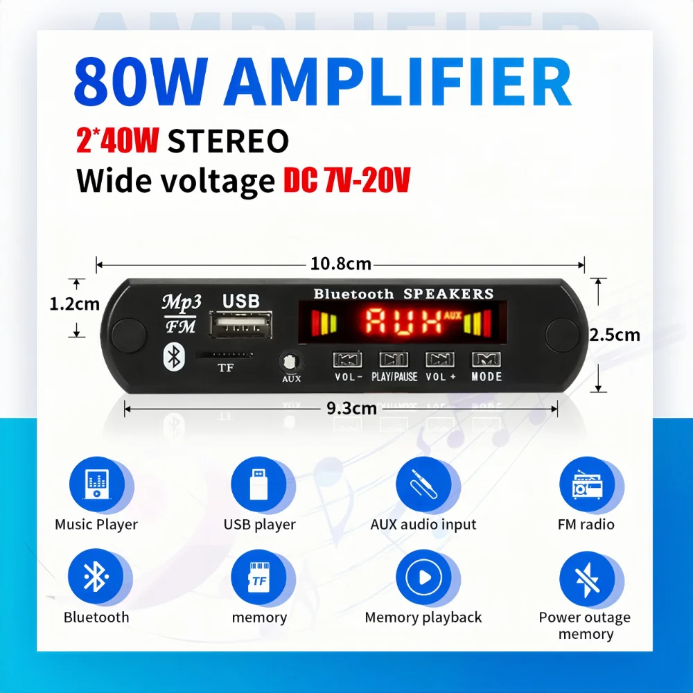 2*40W 80W Amplifier MP3 Player Decoder Board 12V 18V Wireless Bluetooth 5.0 Car Audio USB TF FM Radio Recording Call For Speaker