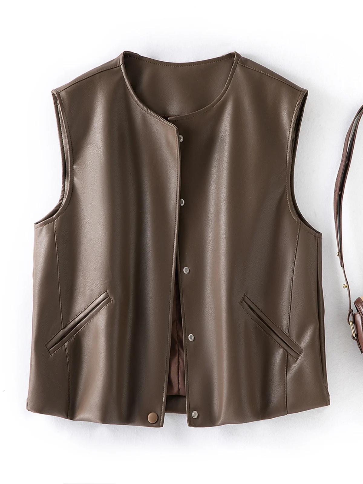 

Женский жилет из искусственной кожи Ele, осенний дизайн мои, верхняя одежда с скользящим шнурком под животом, круглая, стандартная длина