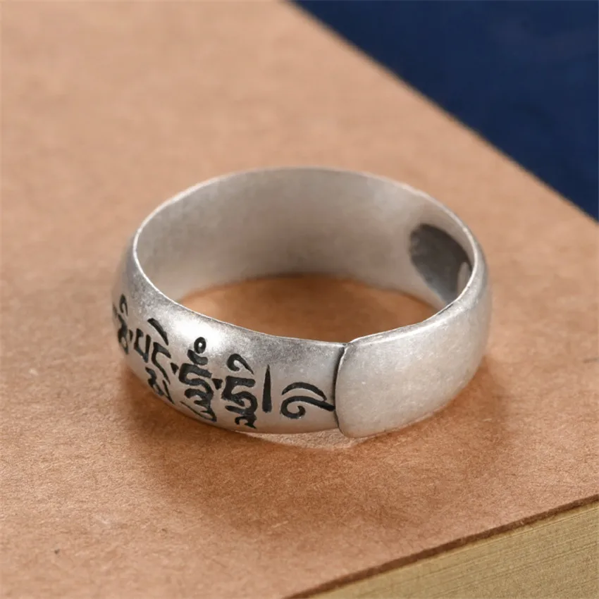 Retro Ancient Silver Plated Buddhist Six Character DAMING Mantra Tibetan Resizable Ring for Men Feng Shui Amulet Protection Ring