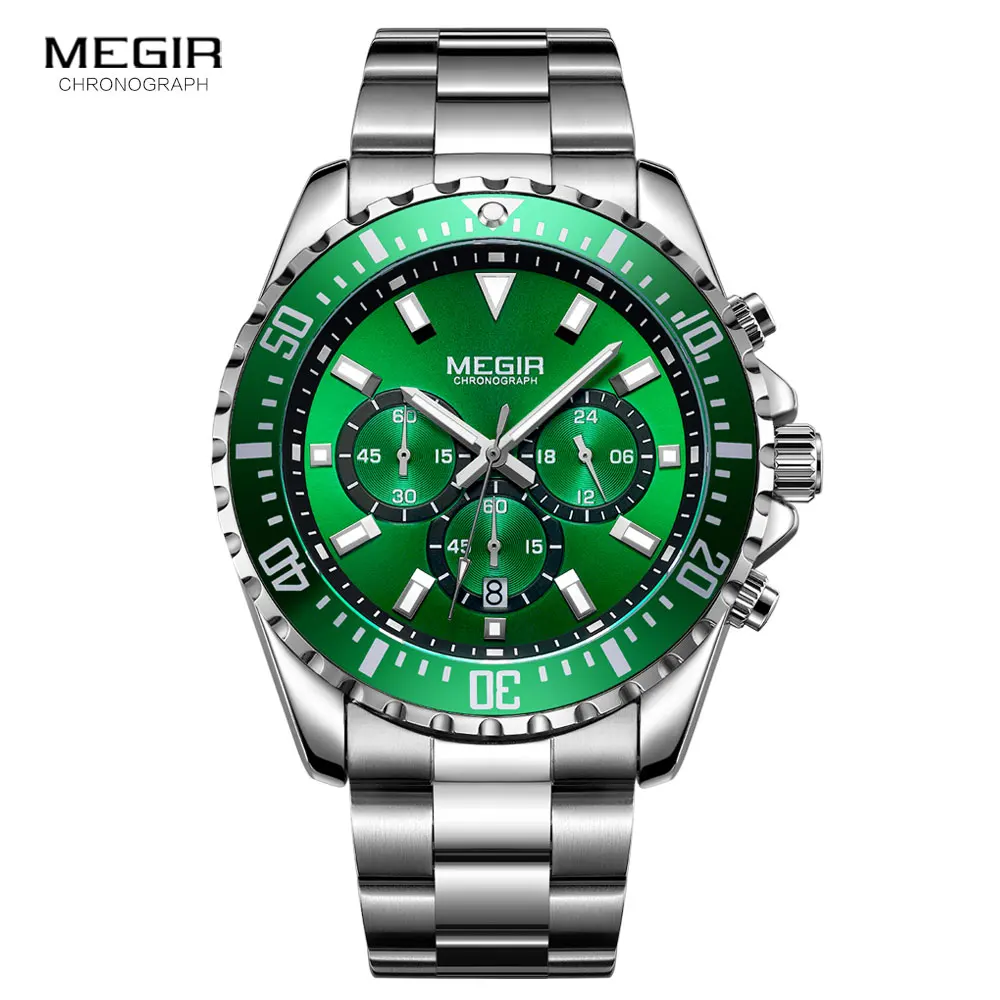 MEGIR Men\'s Chronograph Quartz Watches Stainless Steel Waterproof Lumious Analogue 24-hour Wristwatch for Man Green Dial 2064G-9