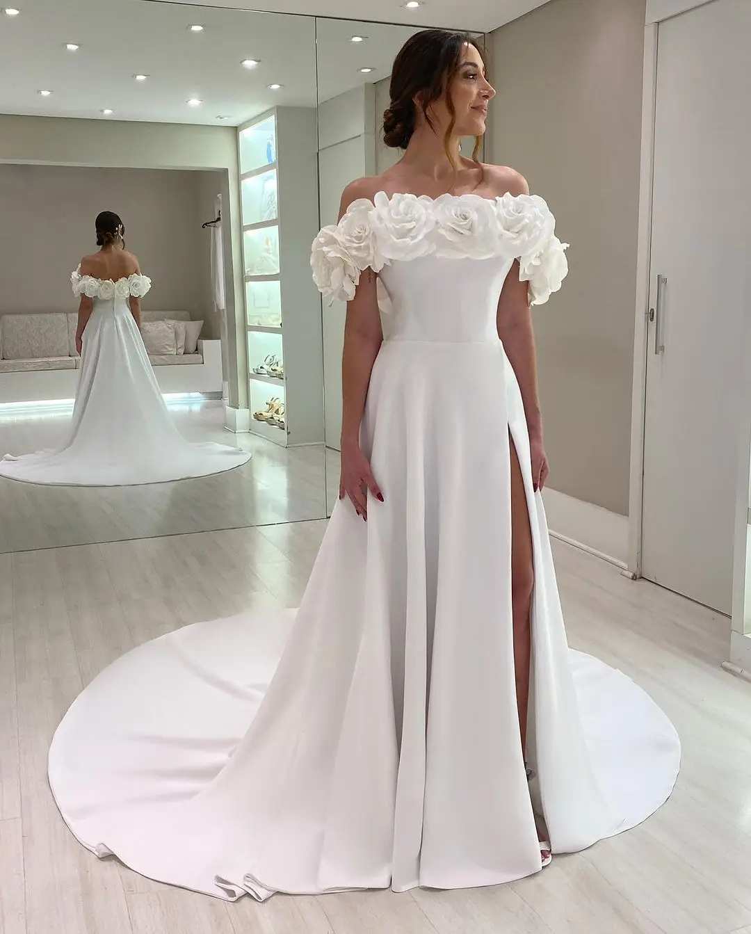 Vestido de novia de satén con escote rosa blanco elegante personalizado con pierna dividida y hombros descubiertos vestido de novia línea a para mujer 2024