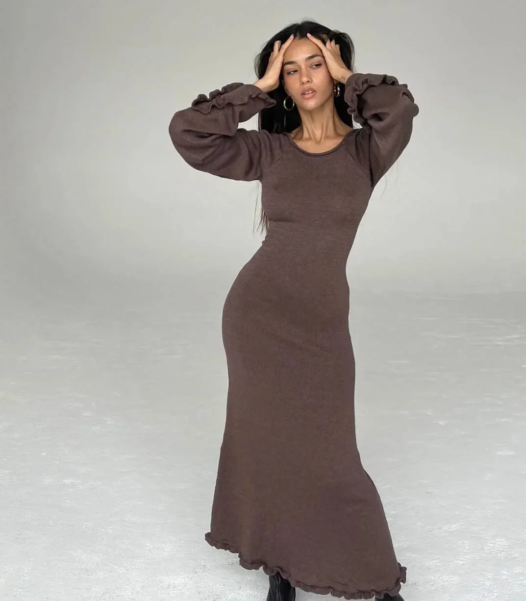 Elegant Summer Knitted Maxi Dress Long Sleeve Casual O-neck Holiday Beach Dresses Backless Evening Party Night Club Vestidos