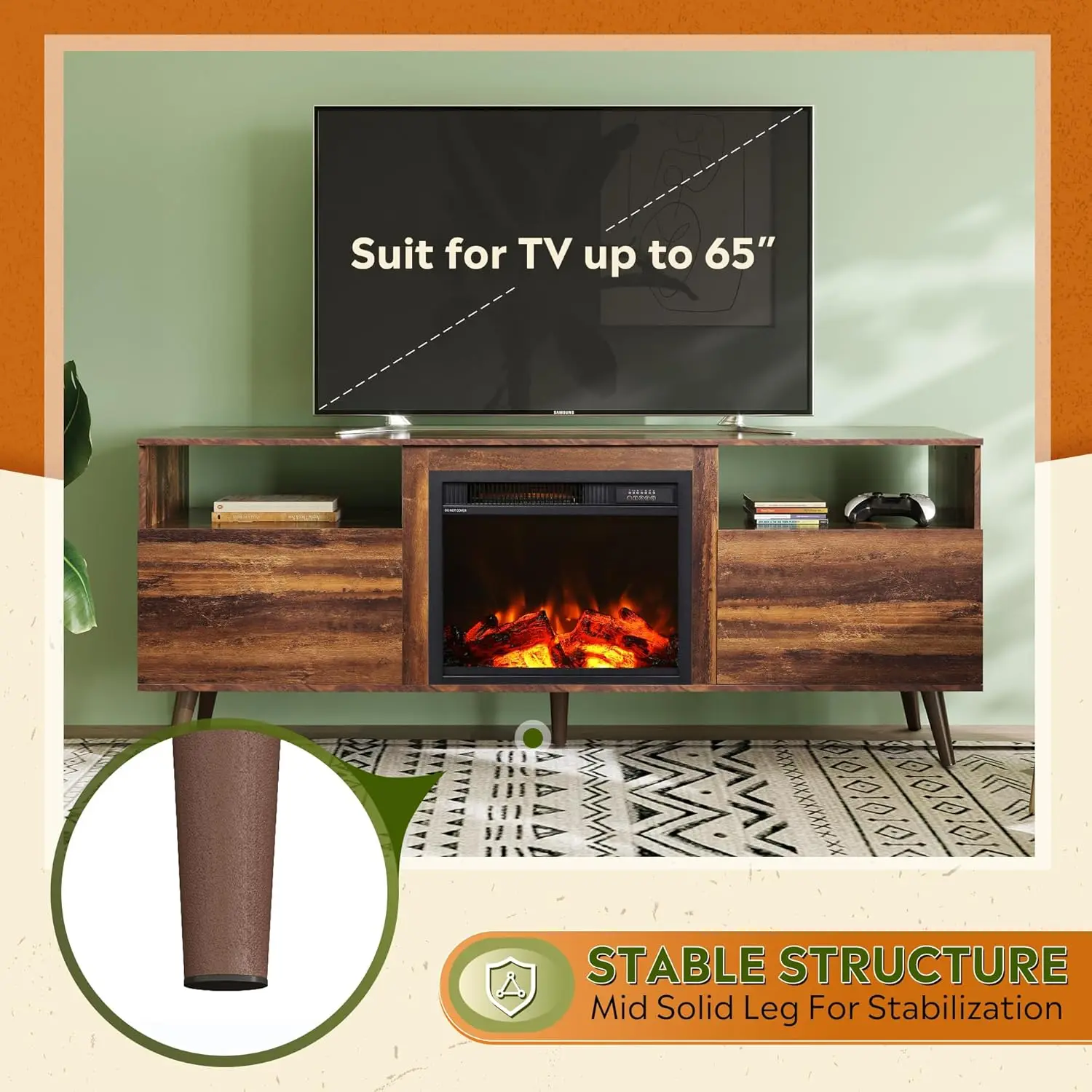TV Stand for 65 Inch TV 58 Inch Entertainment Center with 18 Inch Electric Fireplace Media Console Rustic Brown
