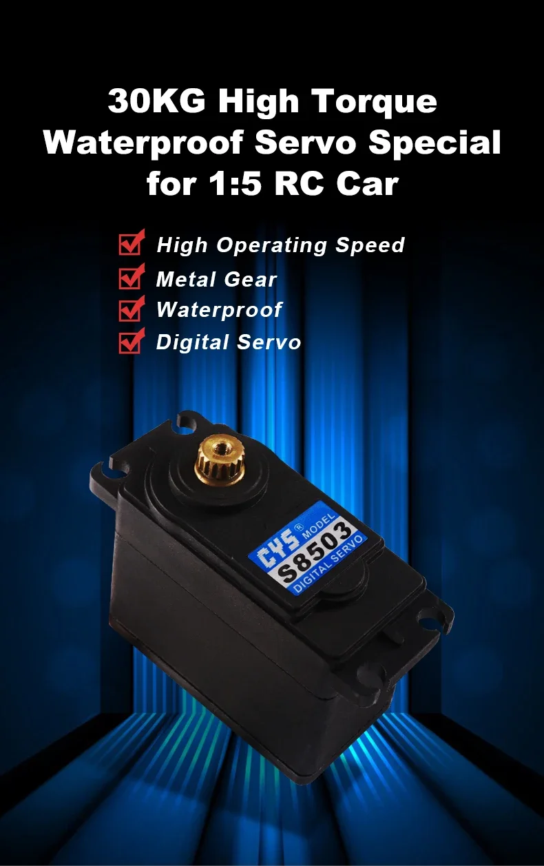 เซอร์โวมอเตอร์ดิจิตอล CYS-S8503 แรงบิดสูง 30 กก. พร้อมเกียร์โลหะ 17T, หัวต่อ JR, รองรับแรงดันไฟฟ้าสูง (HV) สำหรับรถบังคับวิทยุสเกล 1:5 (Redcat/HPI Baja 5B SS)