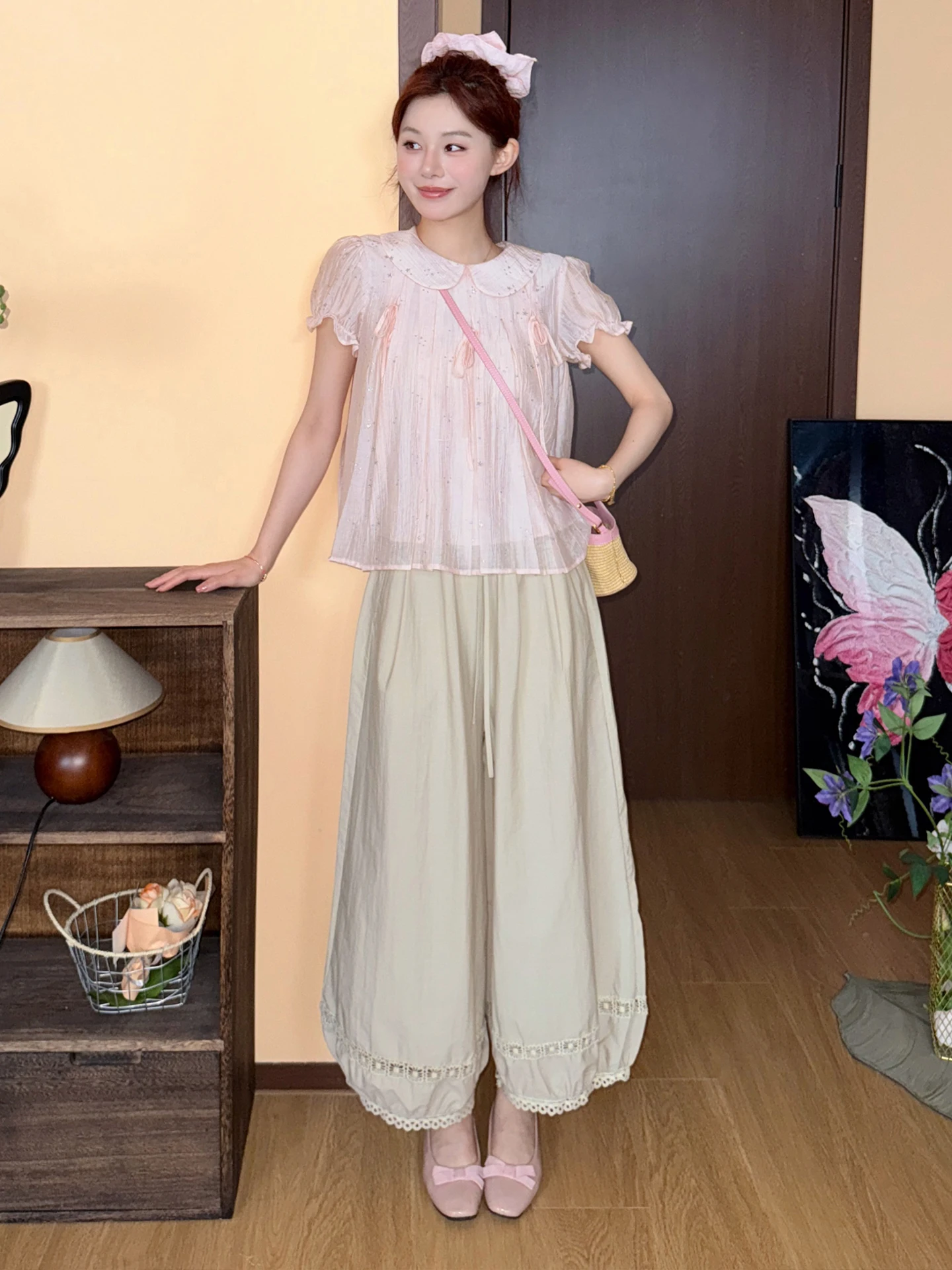 

Pink Casual Short Sleeve Doll Collar Knot Top for Women Summer New Arrival Elegant Loose Fit Lace Shirt Fabric