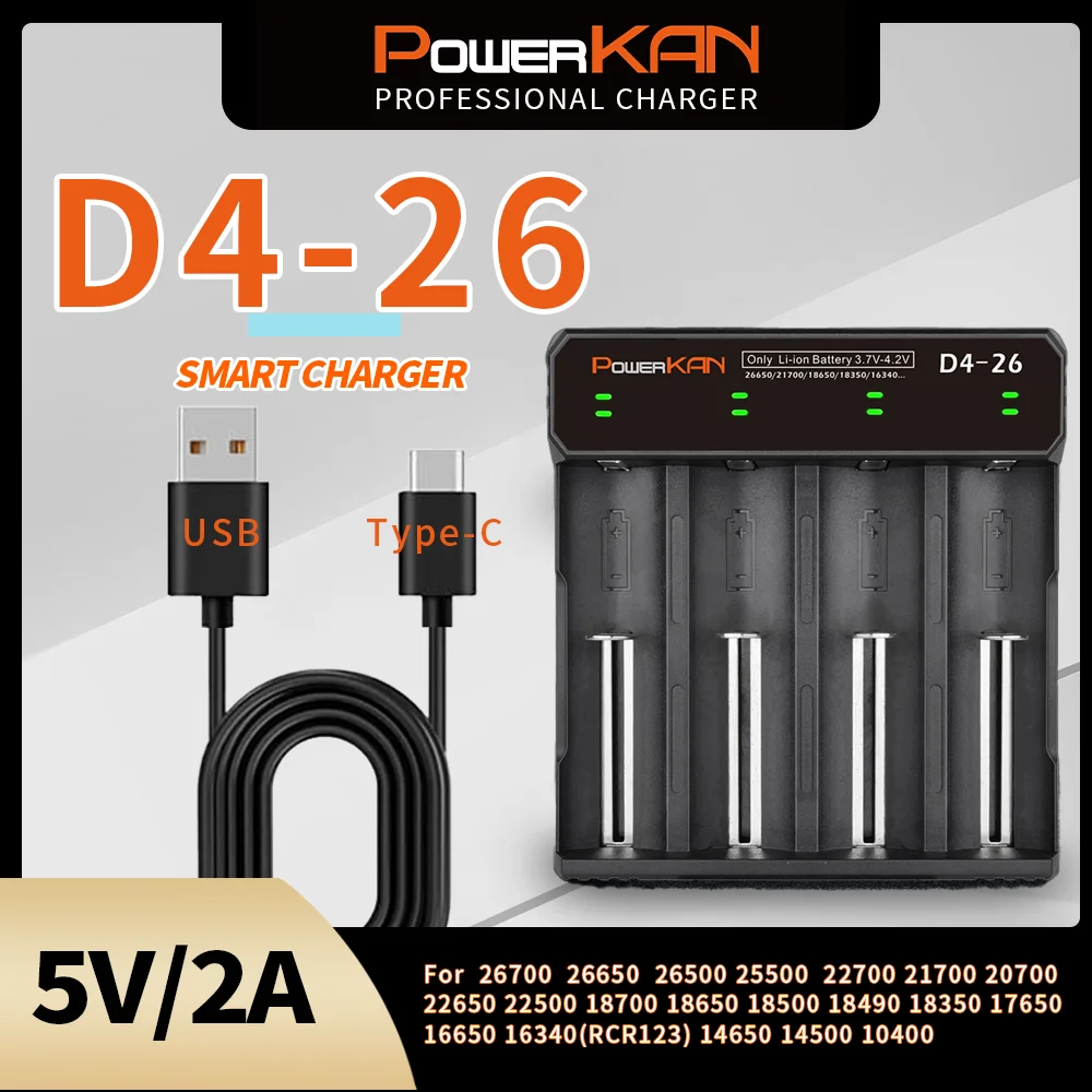 POWERKAN D4-26 Battery Charger LED Display for 3.7V 4.2V Li-ion Batteries Compatible with 18650 14500 26650 21700.etc