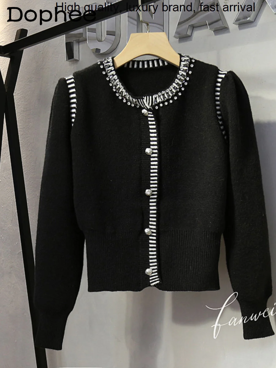 Retro High-End French Exquisite Rhinestone Round Neck Puff Sleeve Sweaters Cardigan Women Autumn Winter New Black Sweater Jacket