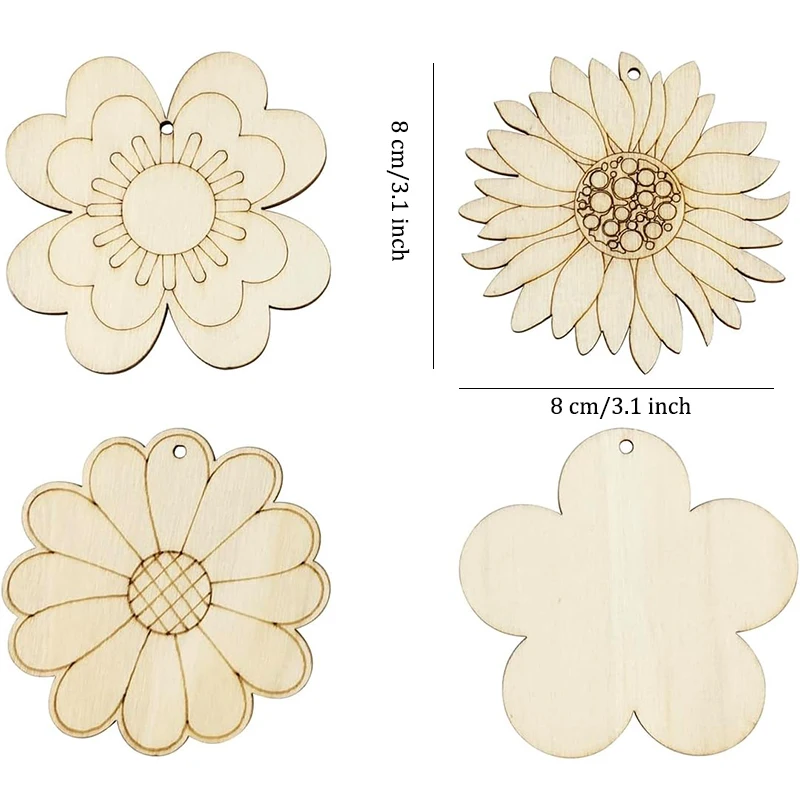 32 pcs Unfinished Wooden Flowers Cutouts DIY Craft Gift Hanging Tags for Home Party Festival Holidays Wall Room Decoration