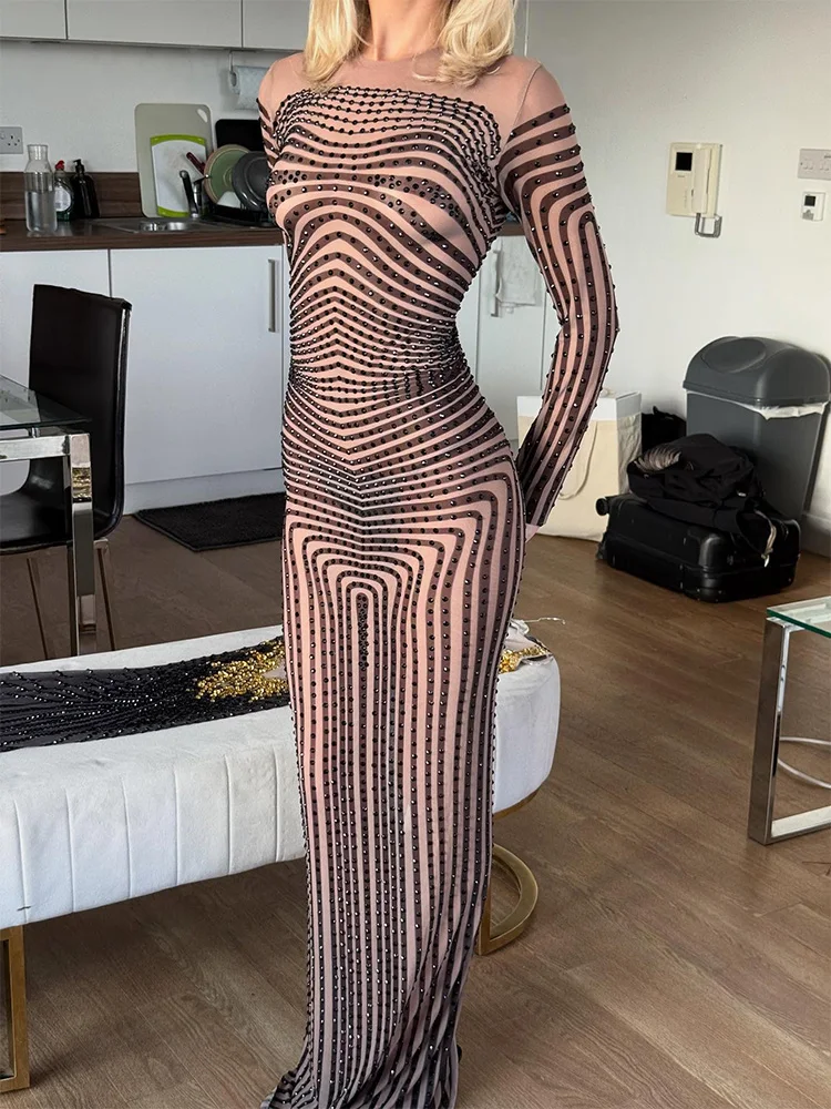 Ahagaga Moda Hot Stamping Dress Per Le Donne Sheer Regular Maniche Lunghe Guaina Aderente Tendenza Stampa A Righe Partito Abiti Sexy