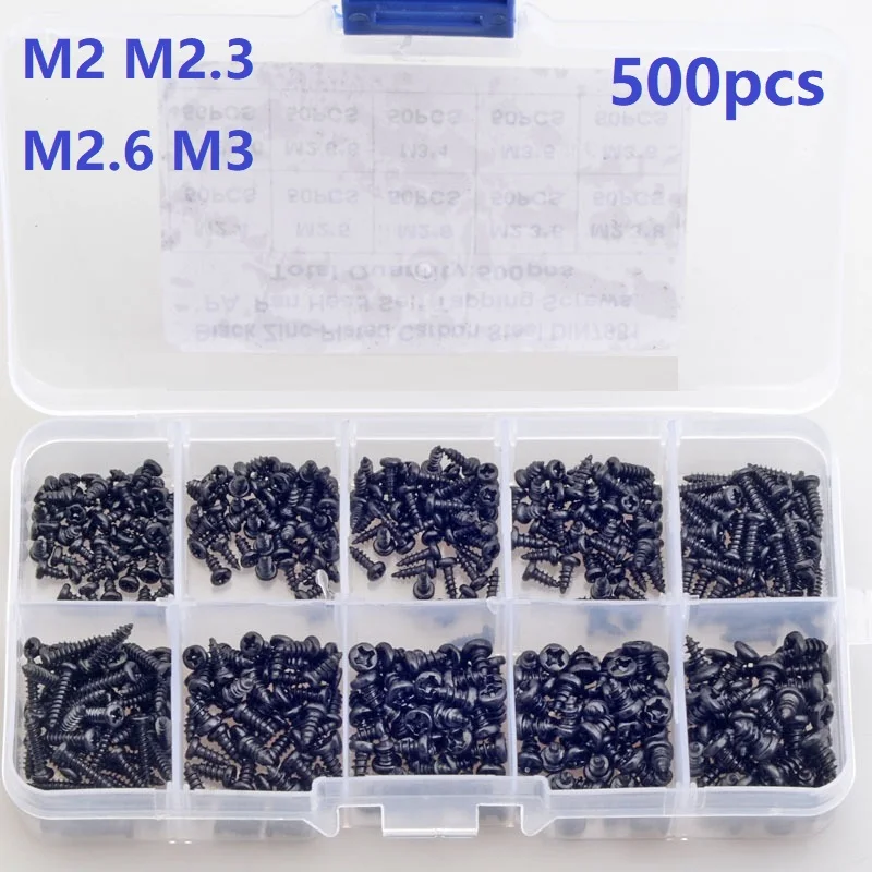 500pcs M2 M2.3 M2.6 M3 PA Phillips Black Screws Pan Round Head Self-tapping Electronic Laptop Screw Small Wood Screws Kit