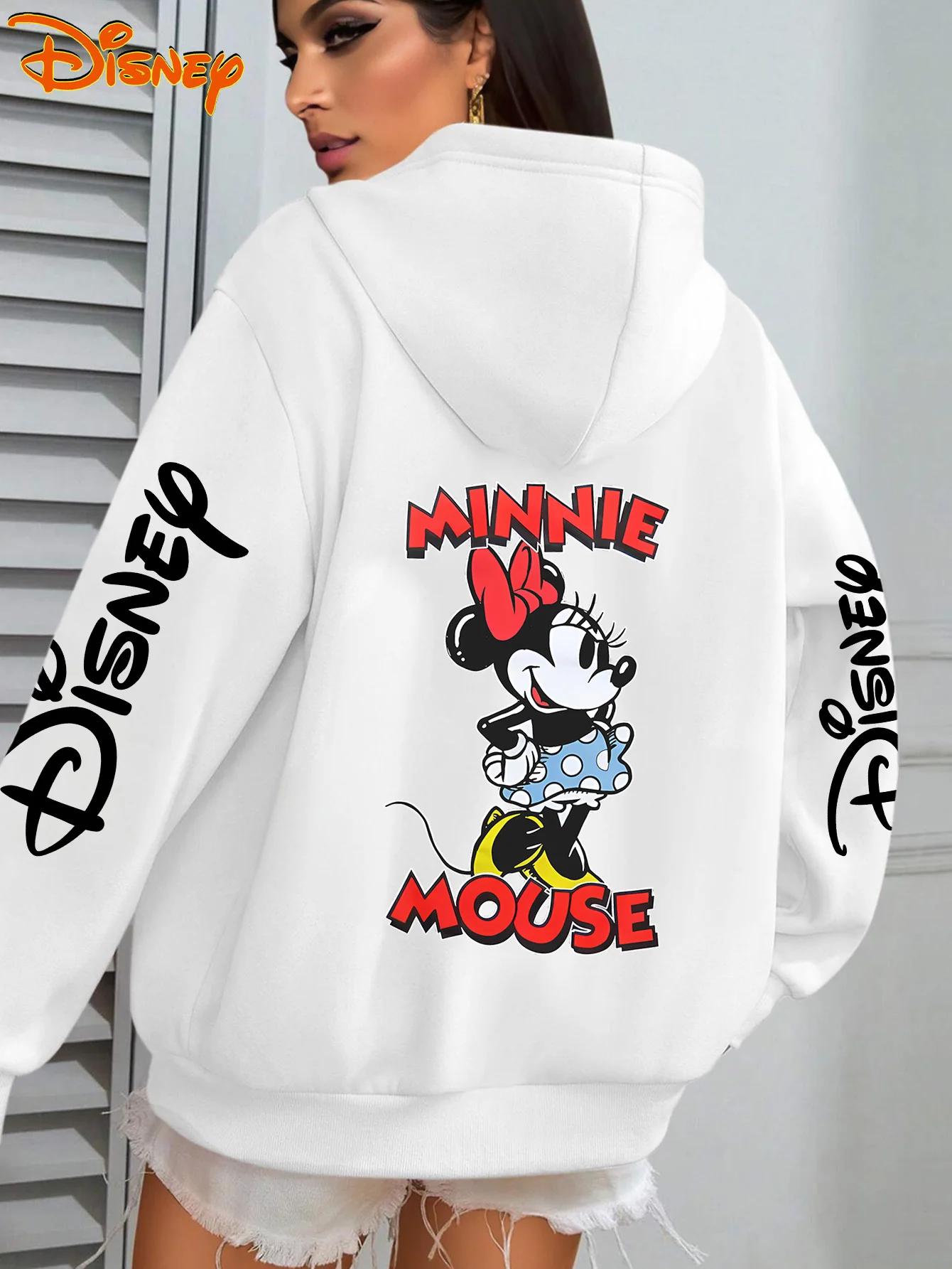 

Женская и мужская весенняя толстовка с капюшоном Disney с мультяшным принтом Минни Маус, удобная флисовая подкладка, повседневный уличный стиль