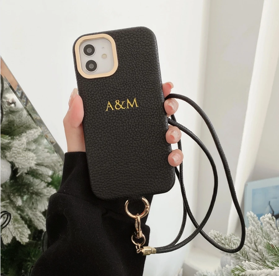 

Customized engraved name letter Leather Phone Case for iPhone16 11 12 13 14 15ProMax Protective Crossbody Lanyard Phone Case