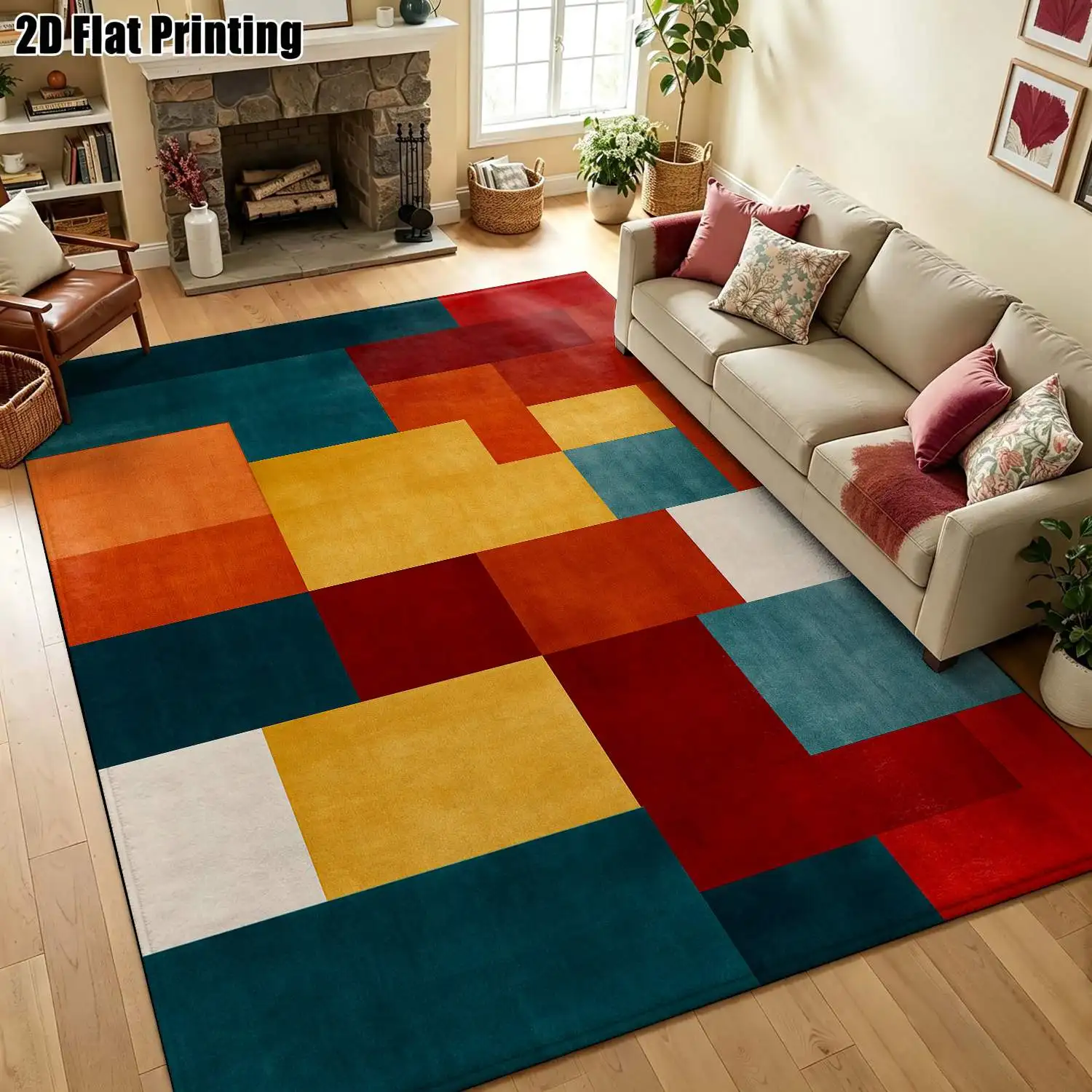 1Pc 2D Printed Colorful Geometric Patchwork Carpet, Nordic/Modern Minimalist/European/Instagram Style, Multi-Size, Machine Washable, Ideal for Home Decoration, Entryway, Living Room, Bedroom, Dining Room, Foyer