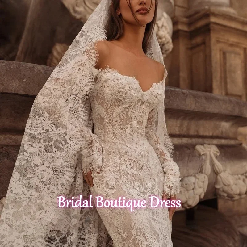 Maßgeschneidertes exquisites Schatz-Spitze-einfaches Hochzeitskleid mit Stickerei-Applikationen, Meerjungfrau, langärmeliges Brautkleid, Ballkleid