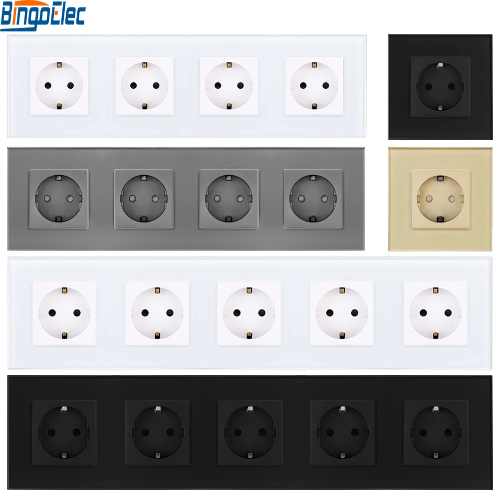 Gniazdo ścienne Bingoelec wtyczka EU 16A gniazdka elektryczne w niemcy Panel ze szkła kryształowego 370/299*86mm 4/5 ramek do domu
