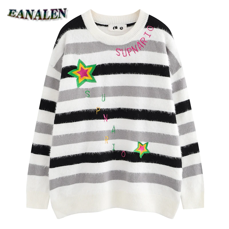 

Свитер в полоску в стиле ретро с вышивкой в виде звезд в стиле Харадзюку, мужской джемпер оверсайз, пуловер, милый свитер Y2K, женский милый свитер