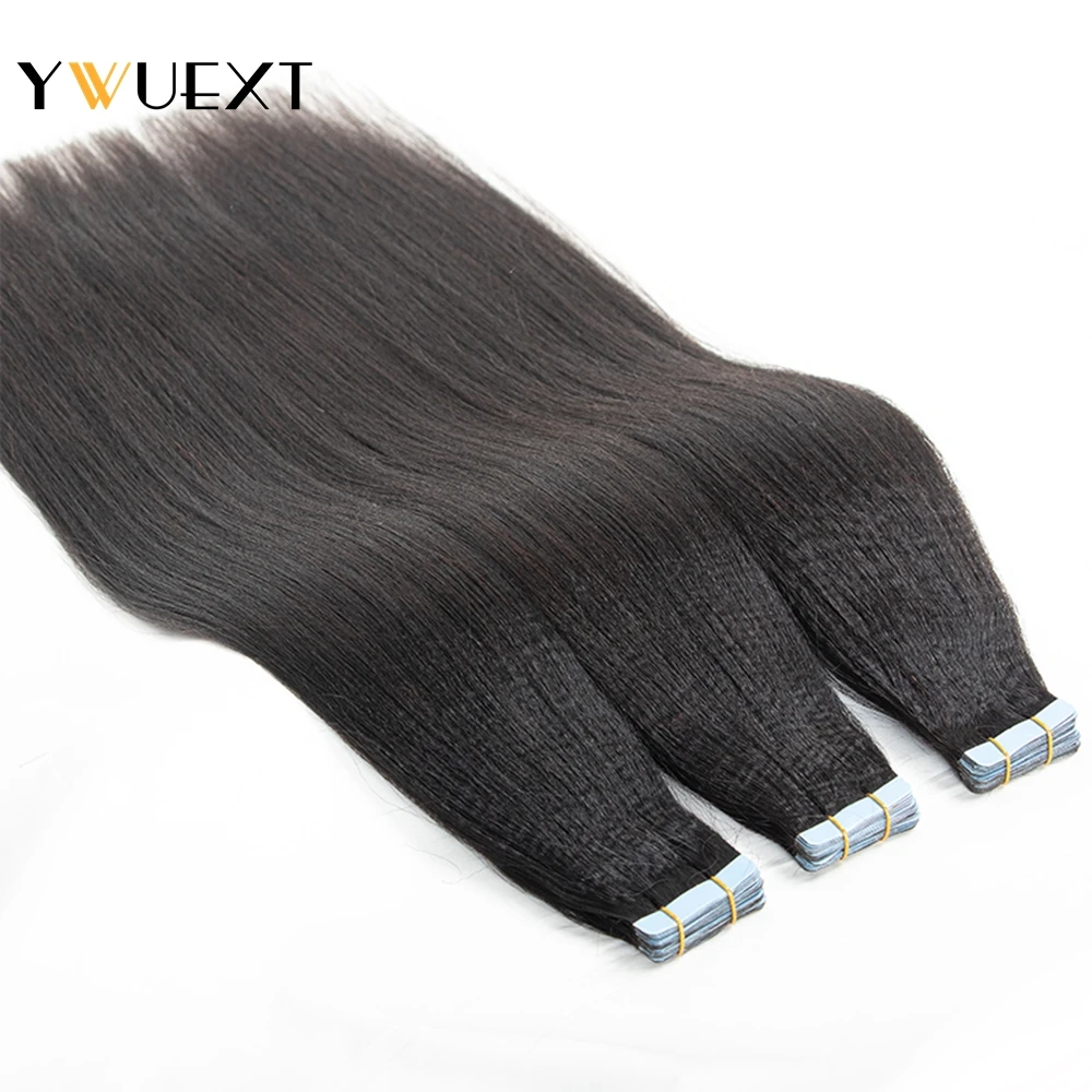 YWUEXT Light Yaki Straight Tape In Human Hair Extensions Natural Black 12