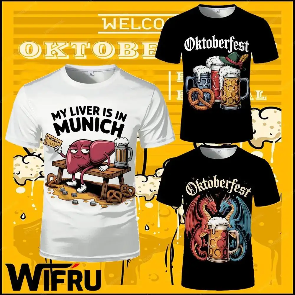 

German Munich Oktoberfest Beer Mug Pretzel Graphic T-shirt Men Women Festival Wear Classic Retro Tees Funny Party Round Neck Top