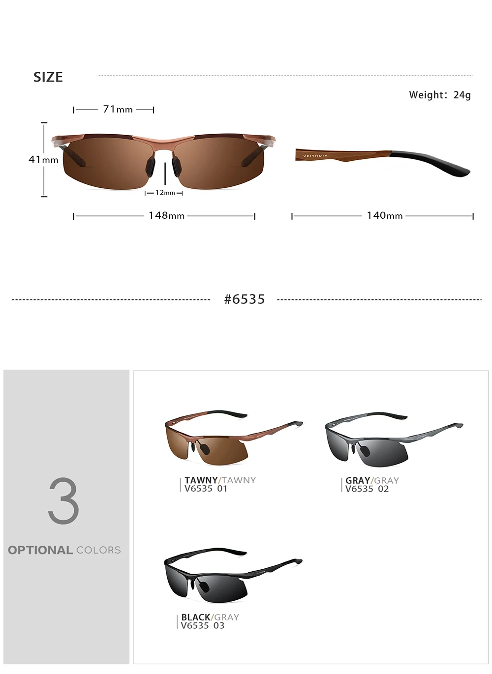 VEITHDIA Herren-Sonnenbrille für den Außenbereich, polarisiert, UV400-Linse, rechteckig, randlos, zum Fahren, Angeln, Sonnenbrille, Sportbrille für Männer, 6535 – Detail 5