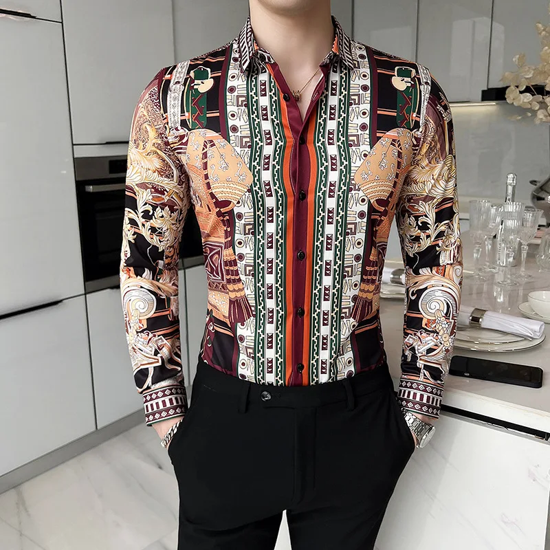 

M-6XL Luxury Male Shirts New High-end Brand Boutique Fashion Print Casual Long Sleeve Shirt for Men Camisas Social Street