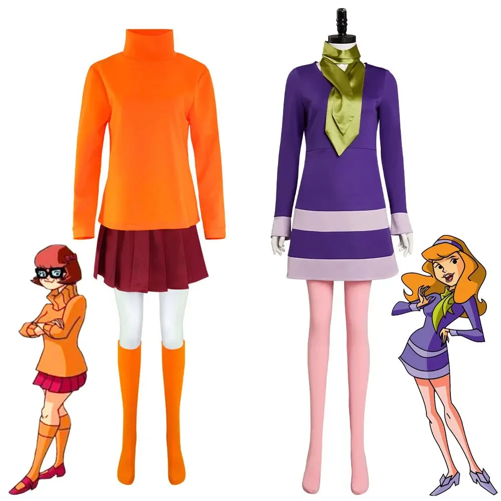 

Velma Cosplay Orange Top Skirt Socks Halloween Costume Daphne Cosplay Daphne Purple Dress Halloween Costumes for Women