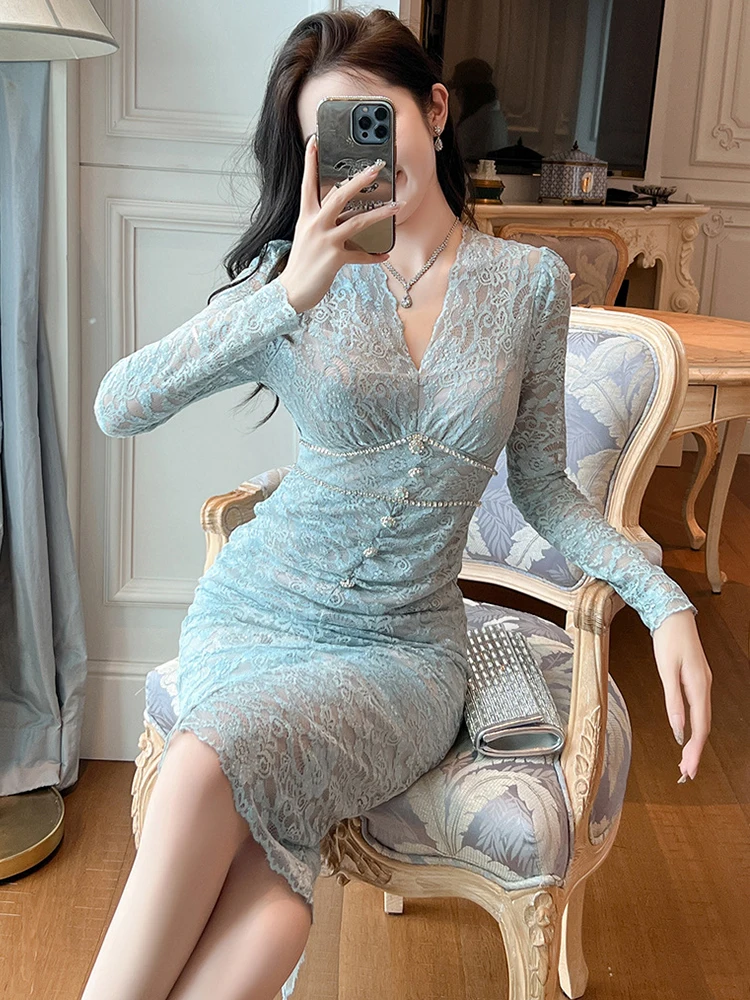 Women's French Gentle Style Midi Dress Exquisite Sheer Lace Embroidery Single Breasted Bodycon Robe Lady Party Banquet Vestidos