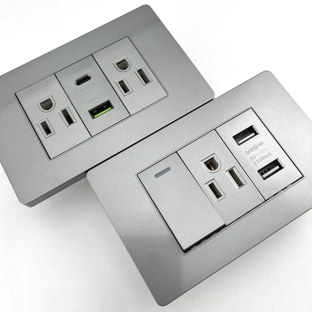 

Серая американская тайская стандартная USB Type-C 20 Вт, настенная умная розетка с быстрой зарядкой, Mcico 2-позиционный электрический выключатель света, пластиковая панель
