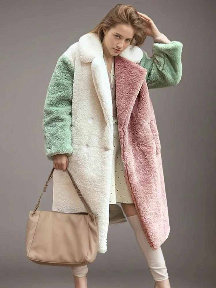 Fashion Contrast Color Faux Fur Coat Women's Lapel Loose Long Sleeves Plush Thick Overcoat Winte 7FEV view 3
