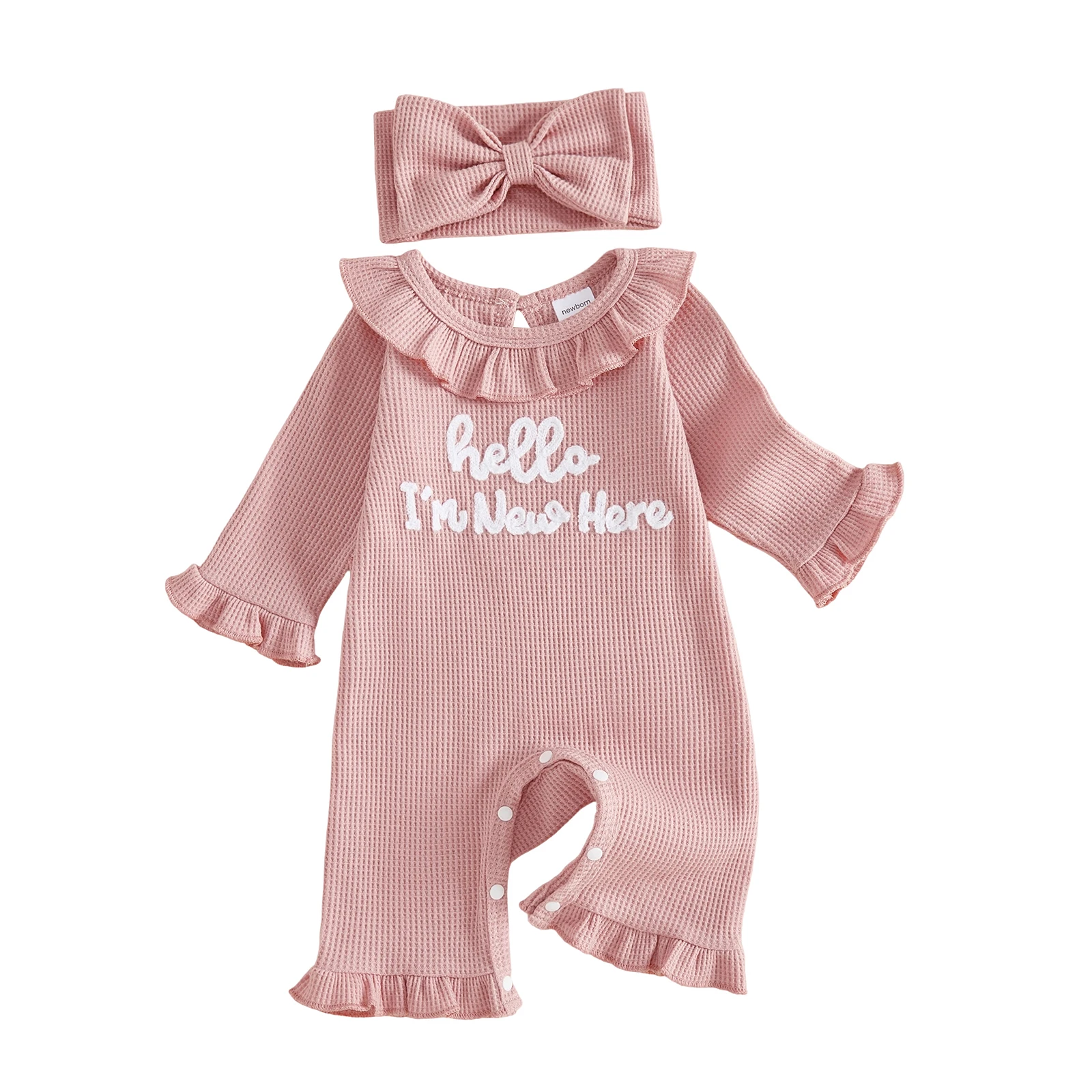 2 Pcs Infant Girl Outfit Waffle Knit Long Sleeve Romper and Bow Headband