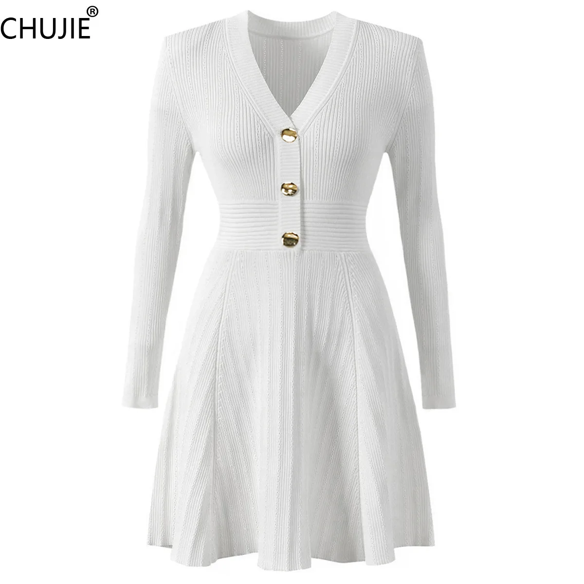 

CHUJIE Women's Dress Fashionable High Quality Knitted V-neck Slim Fit Short+Long Dress 2025 Spring New