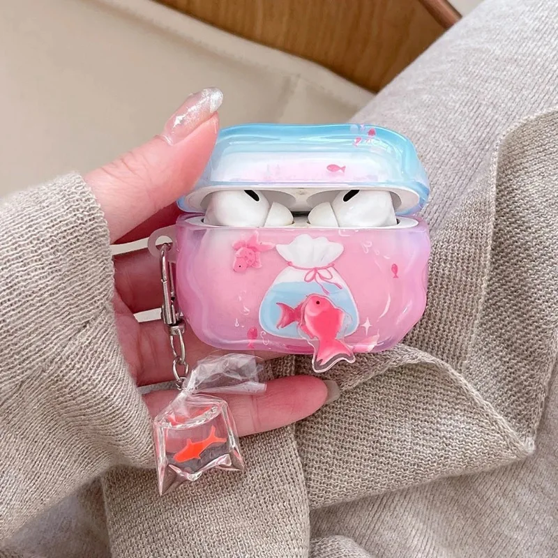 

For Airpods 4 3 2/1 Pro2 Pro 3 2025 Creative Lucky Koi Spinning Goldfish TPU Headphone Cases Accessories Protective Sleeve Hook