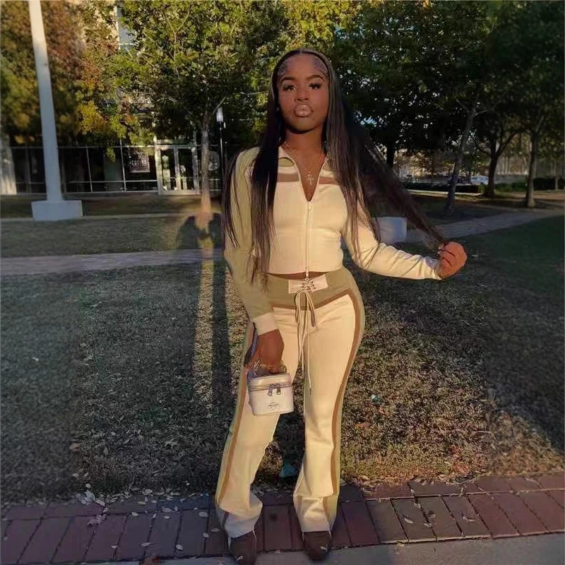 STYLOWY DAMSKI ZESTAW SPORTOWY PATCHWORKOWY 2-CZĘŚCIOWY: DAMSKA KURTKA Z DŁUGIM RĘKAWEM NA ZAMKIE BIEGOWE I SPODNIE Z SZARŻĄ, ZESTAW DLA NAJAZDÓW NA JESIEŃ 2025, CASUALOWE DRESY