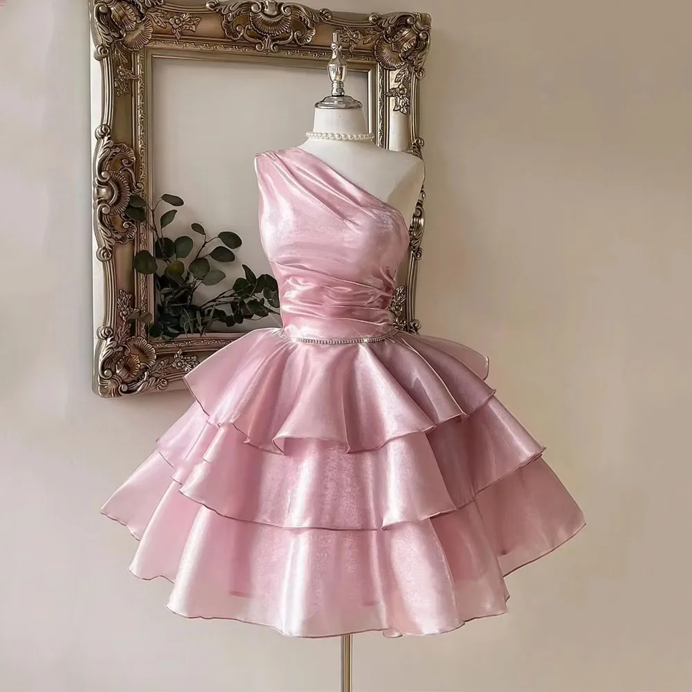 

Short Organza Pink Graduation Dresses Tiered Sleeveless A-Line Mini Prom Dresses One Shoulder 2026 Party Gowns Customized