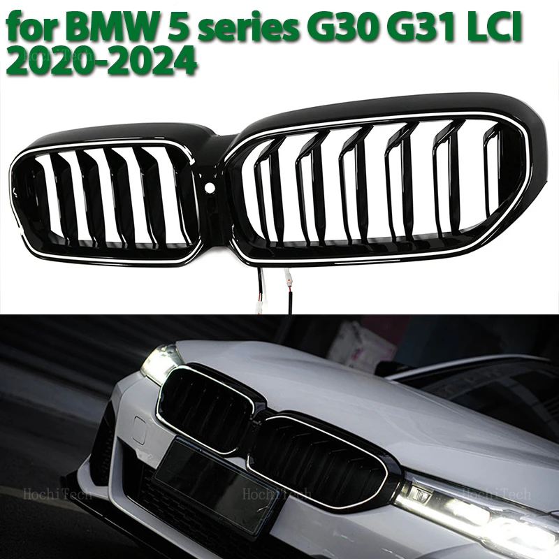 

LED Car Gloss Black Front Bumper Grille For BMW 5 Series G30 G38 G31 Facelift LCI 2020-23 Double Slat Line Grilles Kindey Grills