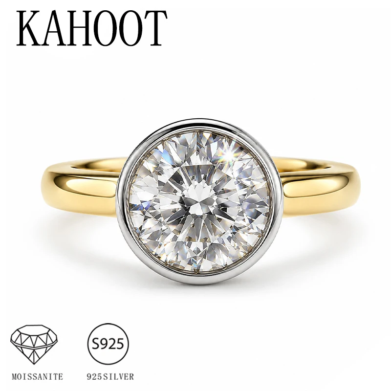 A 925 Sterling Silver 1/2/3 Carat Round Bezel Moissanite Bicolor Ring, Suitable for Both Men and Women.
