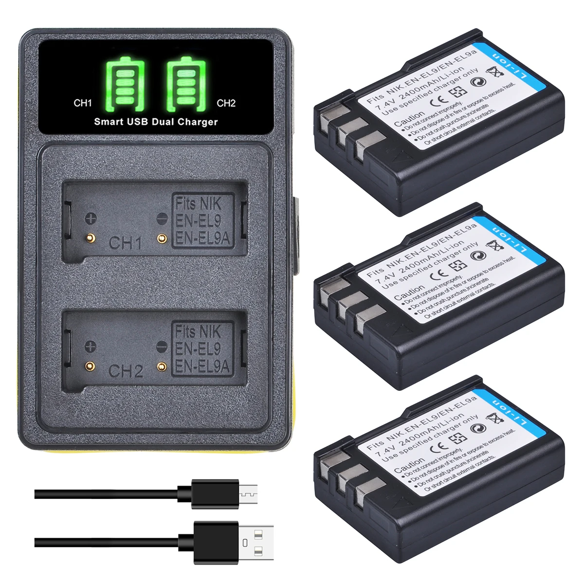 2400mAh EN-EL9 EN-EL9A Battery and EN EL9 EL9A Charger with Type-c Port for Nikon D3000, D5000, D40X, D40, D60 DSLR